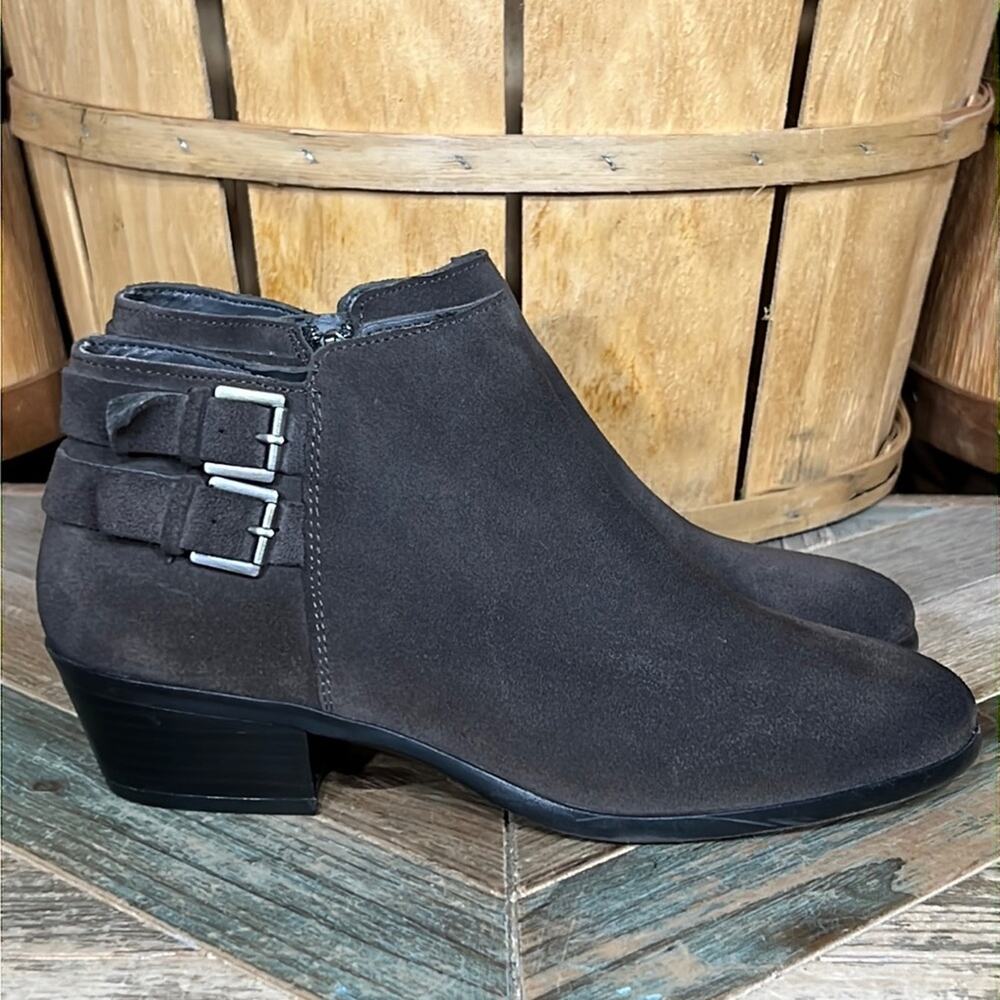 Sam Edelman Petal Gray Suede Double Buckle Strap Zip Ankle Boots Womens Size 6.5